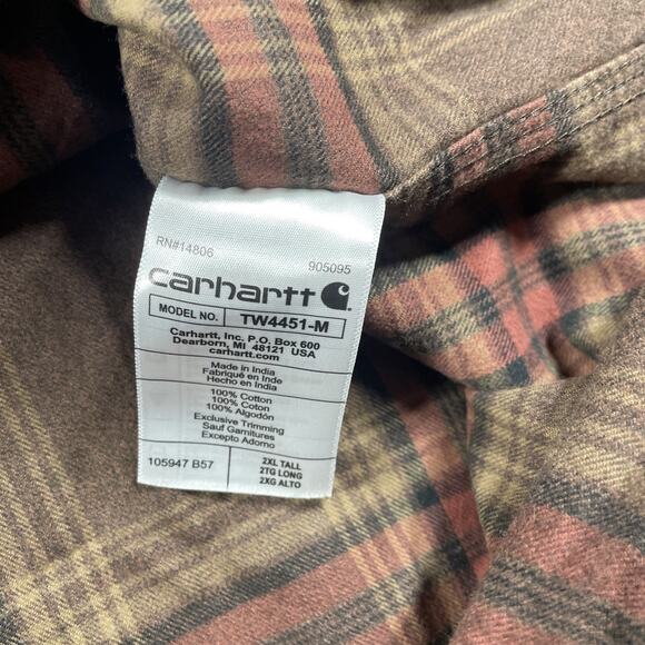 Carhartt Flannel Shirt Mens 2XL Tall Loose Fit Plaid Cotton Utility Brown - Picture 4 of 12